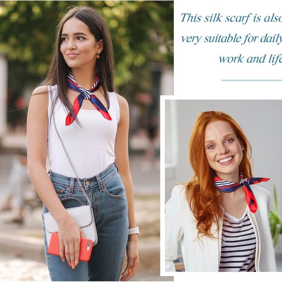 Nautical Square Scarf Imitated Silk 19.69x19.69in Red White Blue Women Ladies - Picture 6 of 7